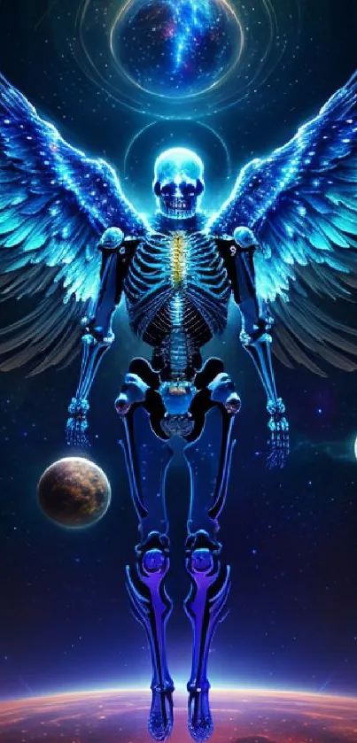 Cosmic-themed wallpaper with a glowing skeleton and angelic wings amidst space.