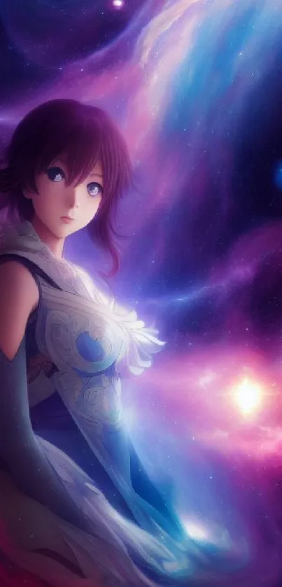 Anime character in a cosmic galaxy with vibrant purple and pink hues.