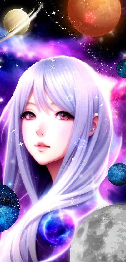 Anime character with galaxy background and planets mobile wallpaper.