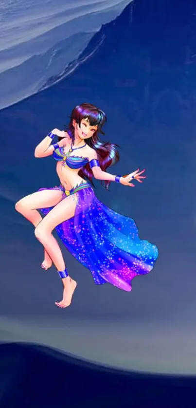 Anime girl floating in a galaxy-themed dress against a starry sky.