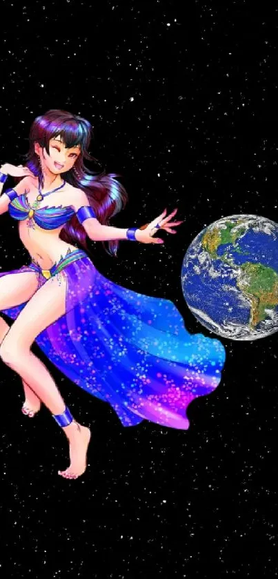 Anime girl in cosmic setting with Earth and stars background.