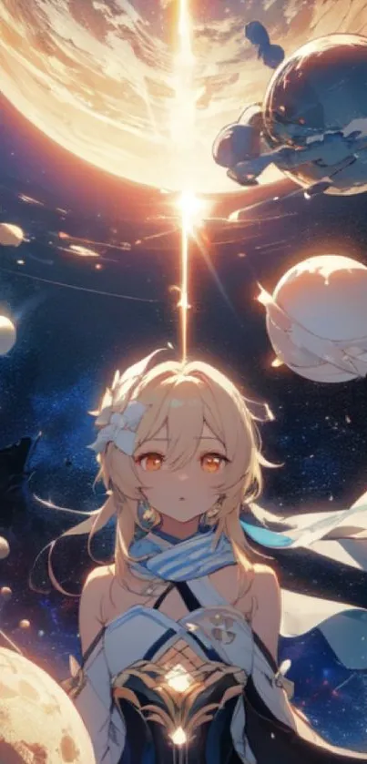 Anime girl in cosmic setting with celestial bodies.