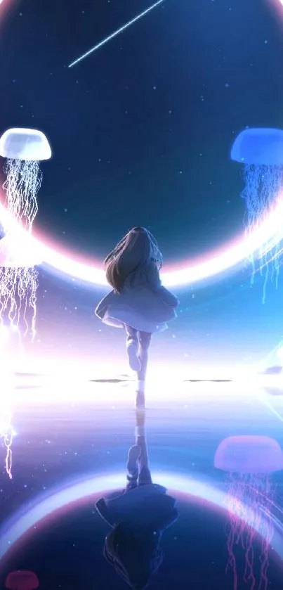 Anime girl on reflective water with cosmic backdrop.