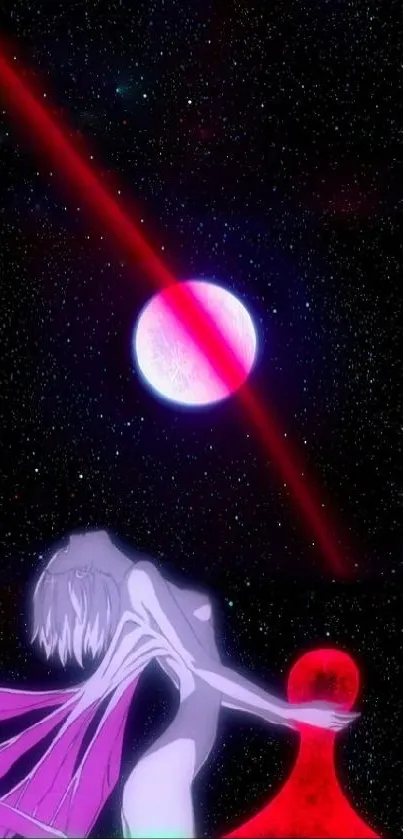 Anime figure under a cosmic starry sky with a red planet in the background.