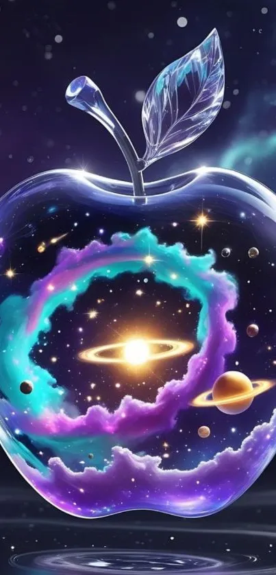A cosmic apple encapsulating a vibrant galaxy scene with stars and planets.