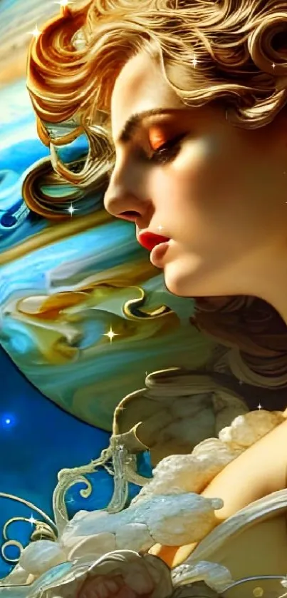 Art Nouveau celestial goddess with a cosmic background.