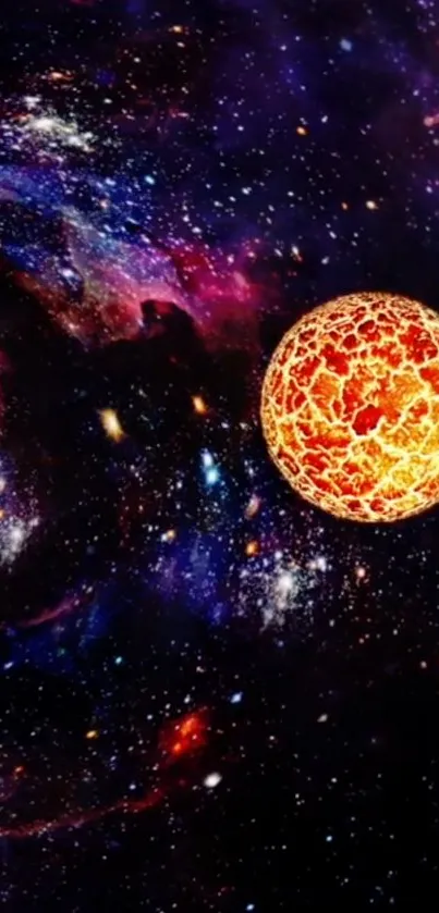 Vibrant cosmic wallpaper with fiery planet and colorful galaxy background.