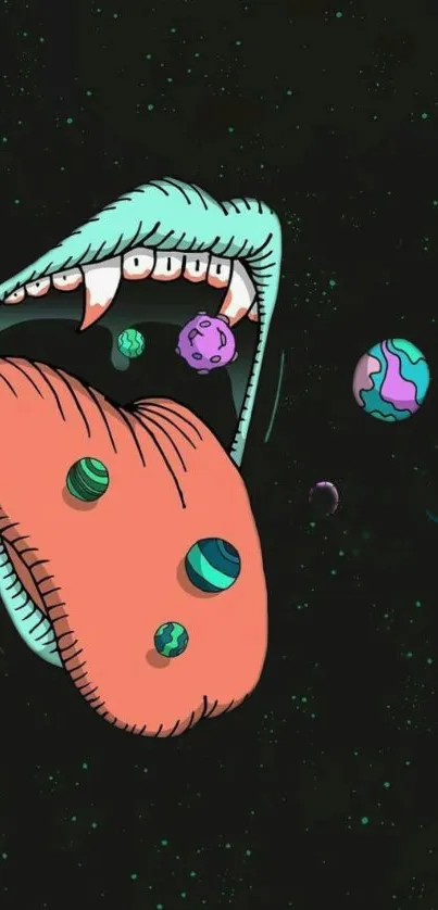 Surreal artwork of mouth with planets against a black background.