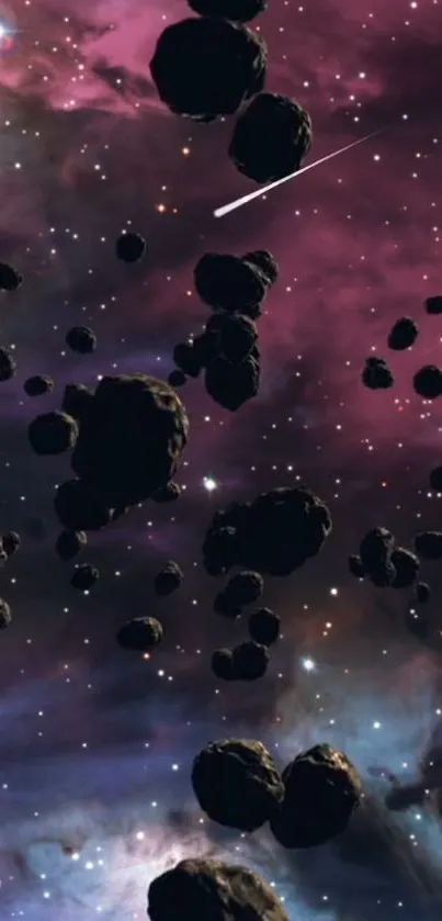 Purple cosmic wallpaper with asteroids and nebula backdrop.