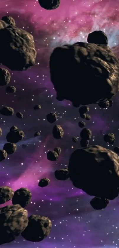 Asteroid field in a vibrant purple nebula space wallpaper.