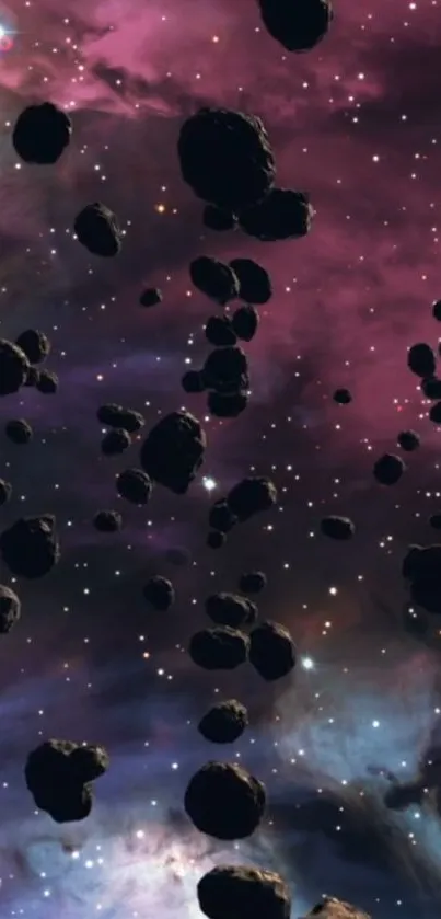 Asteroid field in a purple galaxy with stars.