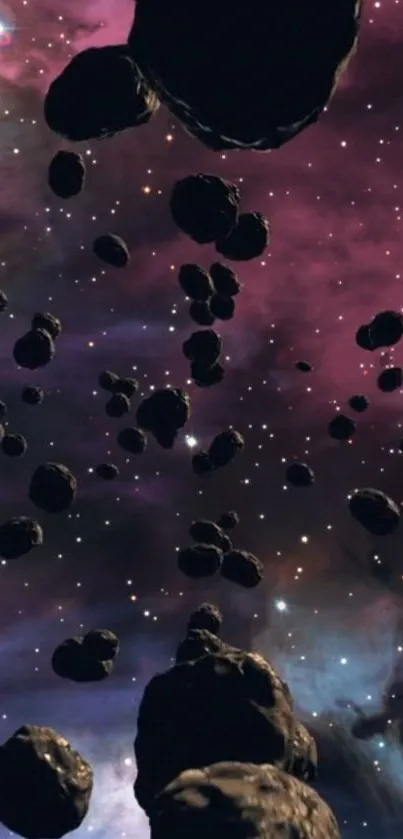 Asteroids floating in vibrant purple nebula background.