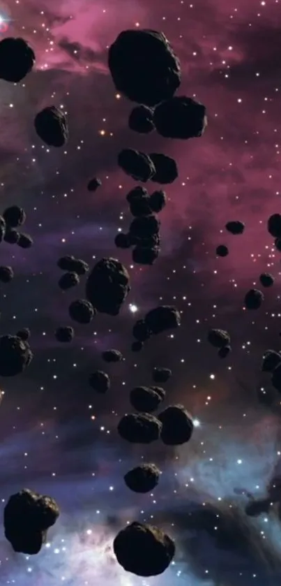 Asteroids drift in a purple cosmic galaxy backdrop with stars.