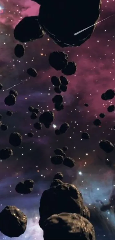 Asteroids floating in a vibrant purple galaxy.