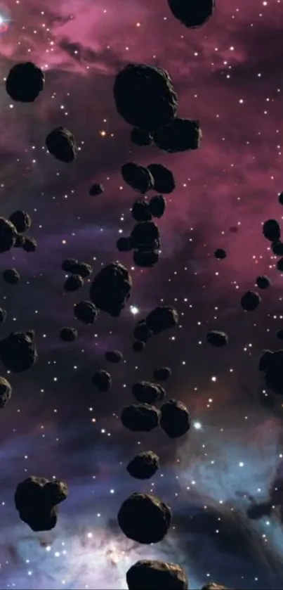 Mobile wallpaper showing floating asteroids in a purple nebula sky with stars.