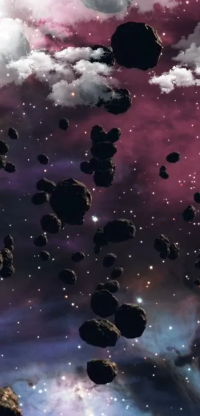 Asteroids floating through a colorful nebula space scene.