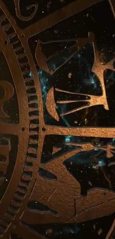 Bronze zodiac design against cosmic background.