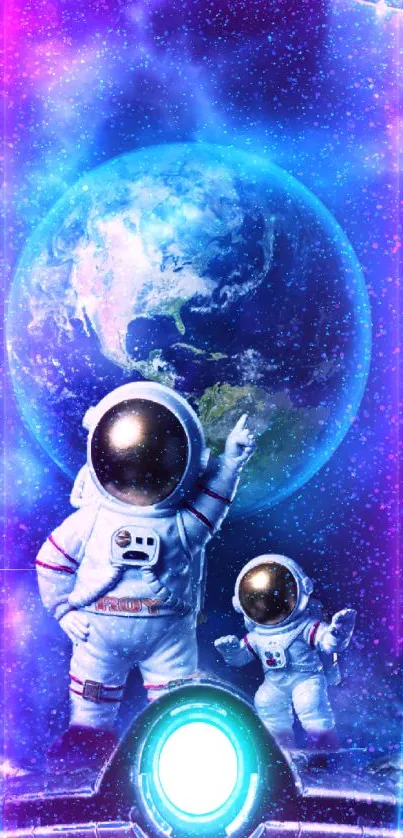 Astronauts exploring galaxy with Earth view.