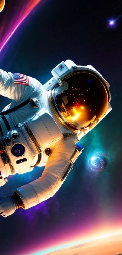 Astronaut floating in space with vibrant cosmic background and planets.