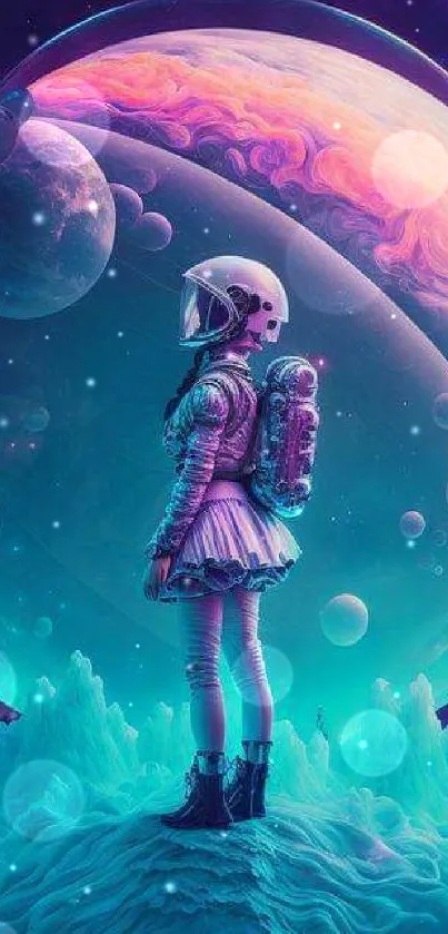 Space-themed wallpaper with astronaut and planets in vibrant purple hues.