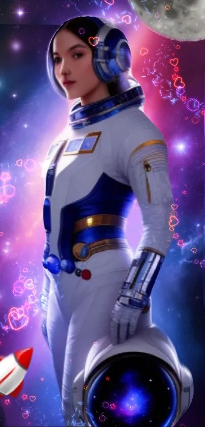 Futuristic astronaut in space with vibrant cosmic background and rocket.