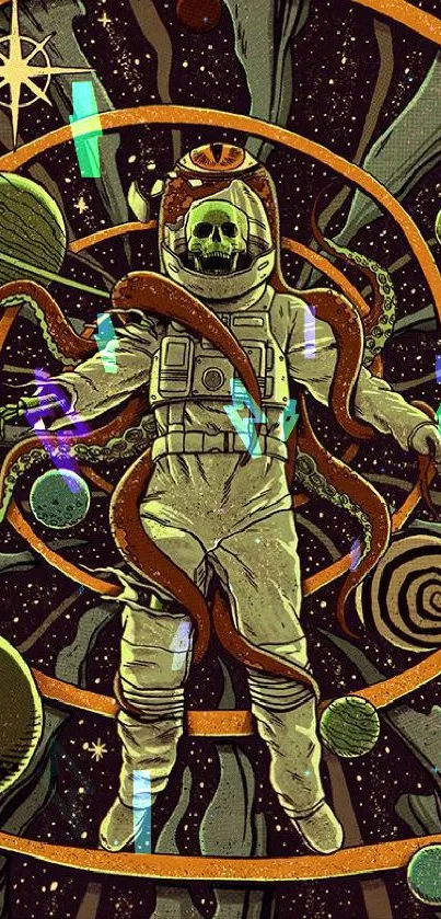 Surreal cosmic astronaut with planets and stars wallpaper.