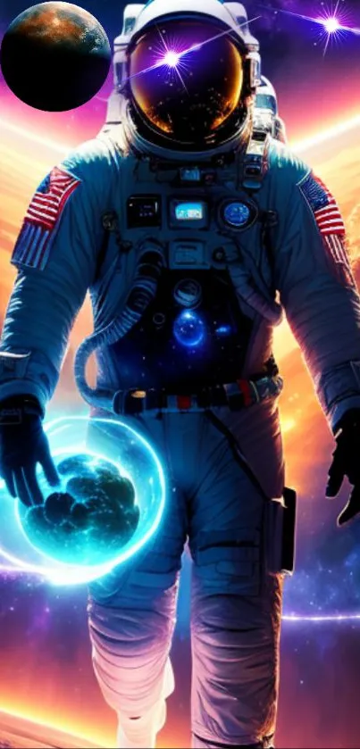 Astronaut in space with cosmic background and planets.