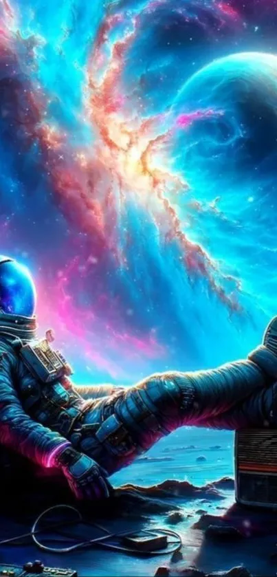 Astronaut relaxing beneath vibrant galaxies with floating planets.