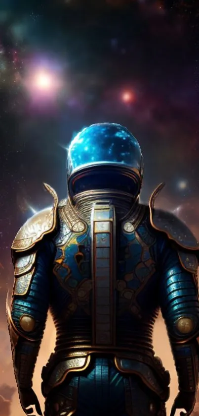 Futuristic astronaut under a starry sky in vibrant cosmic colors.