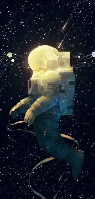 Astronaut floating in space with stars and planets.