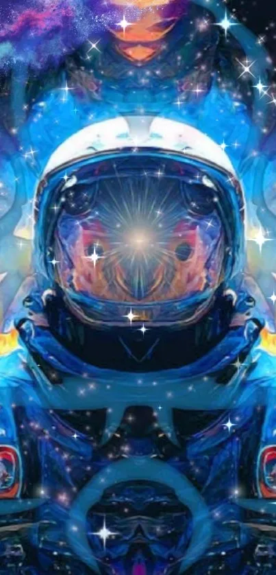 Vibrant cosmic astronaut with stars and galaxy background in blue hues.