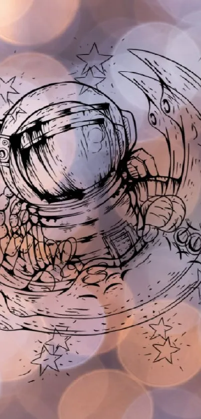 Sketch of astronaut with bokeh lights on wallpaper.