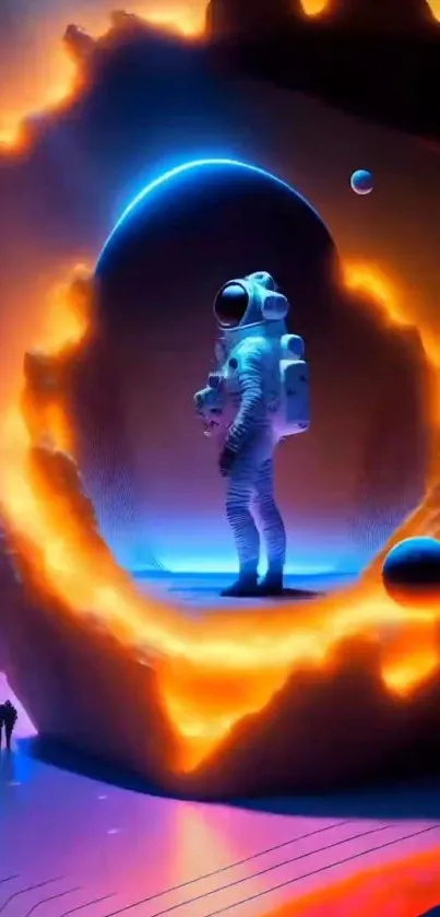 Astronaut in vibrant cosmic scene with colorful lights.