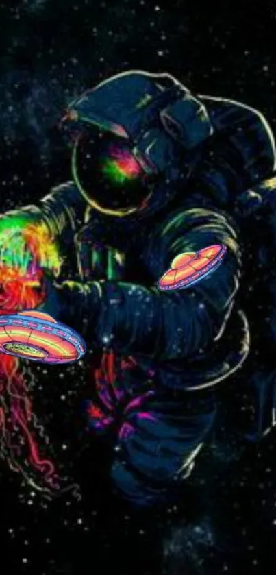 Vibrant neon astronaut in space art.