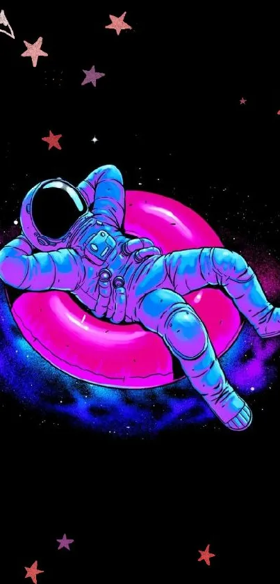 Neon astronaut relaxing on a pink float in space.