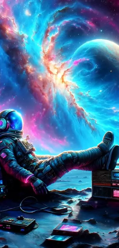 Astronaut relaxing in a colorful cosmic galaxy with vibrant colors.