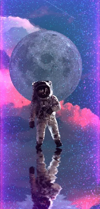 Astronaut standing in neon cosmic landscape with moon reflecting on water.