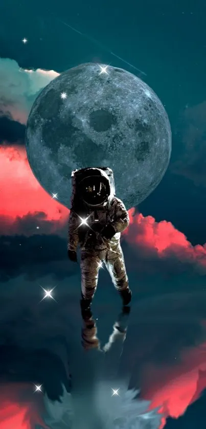 Astronaut with moon and stars in cosmic background wallpaper.