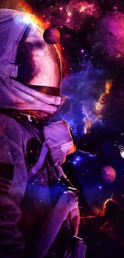 Astronaut in galaxy with purple nebula and planets.