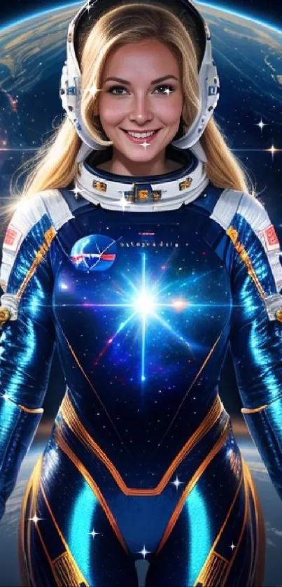 Female astronaut in a vibrant galaxy suit.