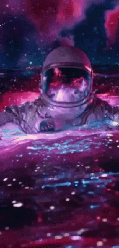 Astronaut floating in neon cosmic waves mobile wallpaper.