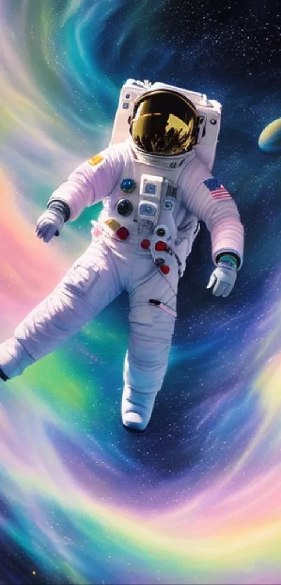 Astronaut floating in colorful cosmic space scene.