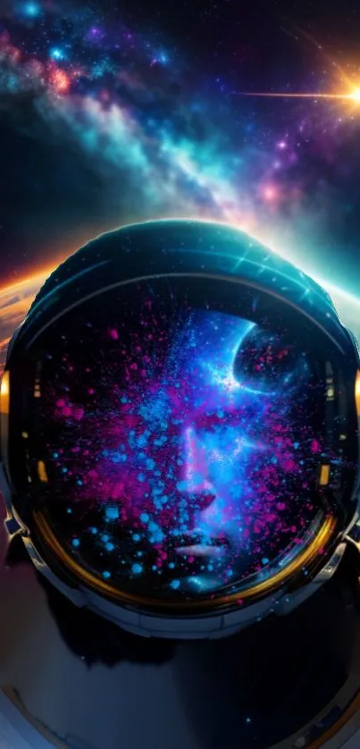 Cosmic astronaut helmet reflecting vibrant galaxy.