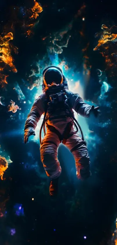 Astronaut floating in vibrant cosmos with orange nebula tones.