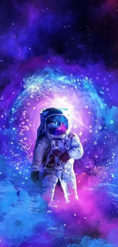 Astronaut in vibrant cosmic scene with galaxy background.