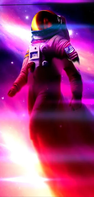 Astronaut in space with vivid cosmic colors on a mobile wallpaper.