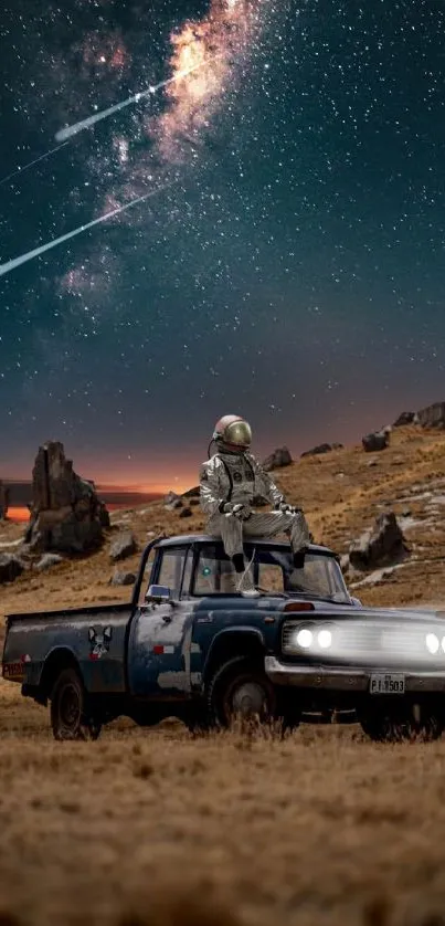 Astronaut standing on a vintage truck under a starry galaxy sky.