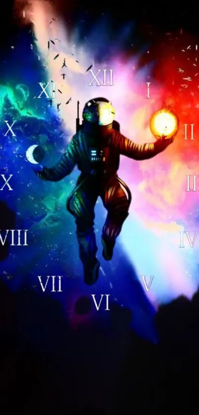 Colorful space-themed astronaut wallpaper with Roman numerals.