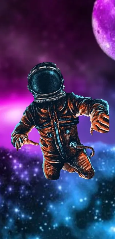 Astronaut floating in vibrant space scene with planets and stars.