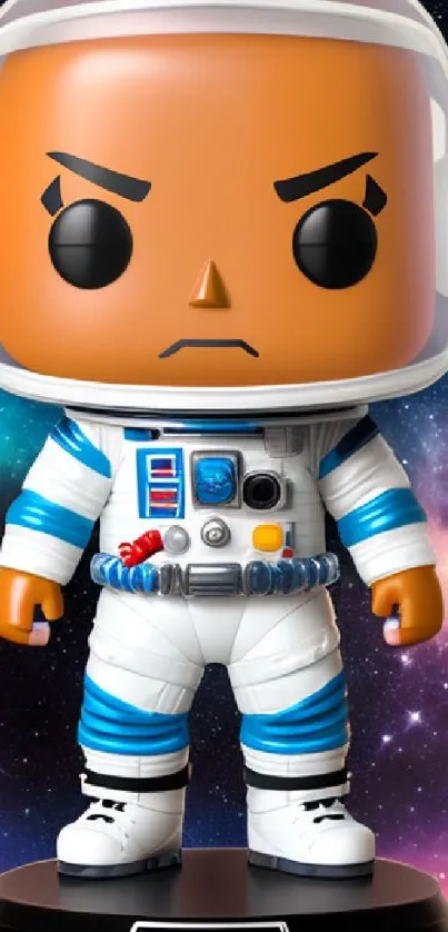 Astronaut toy set against a vibrant cosmic background with stars and galaxies.